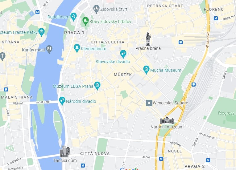 dove mangiare a Praga e dove pernottare: Tutta la zona di questa mappa va benissimo per scegliere il tuo albergo e trovare ottimi ristoranti