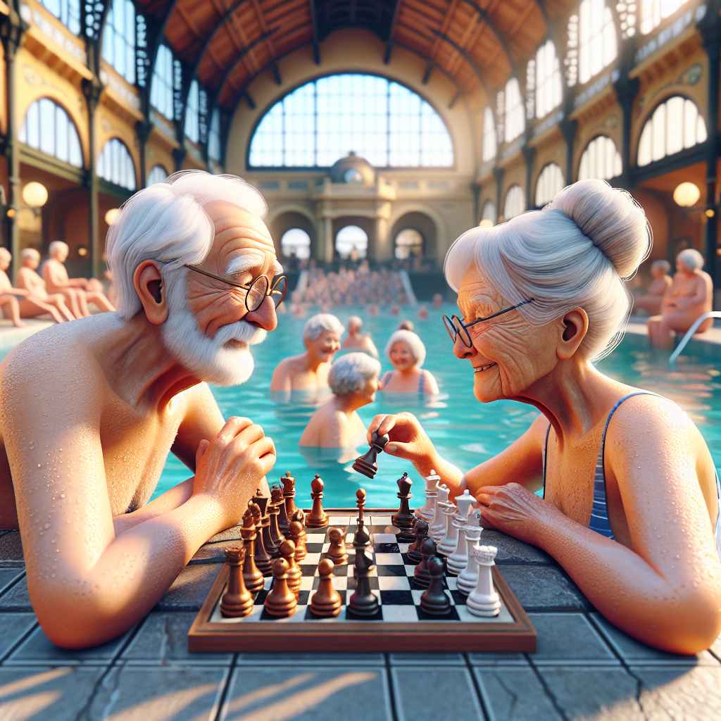 terme di Budapest e anziani che giocano a scacchi